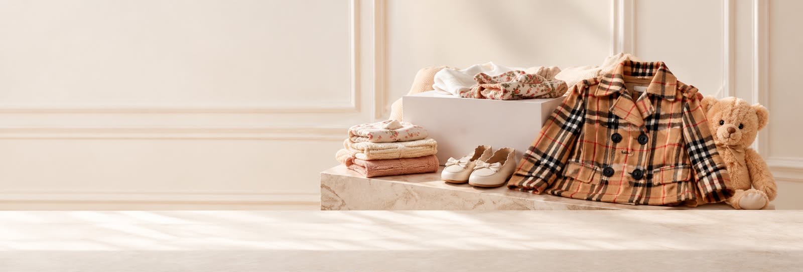 Styled children's clothing and accessories with a tan plaid coat, shoes, folded garments, and teddy bear